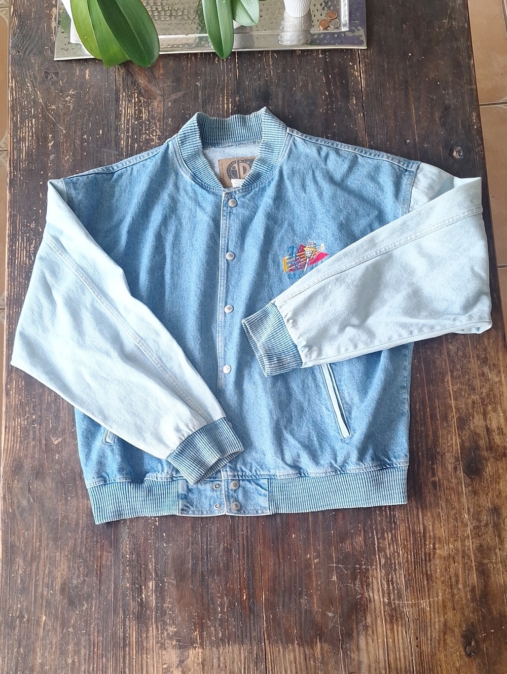 Vintage 90's Y2k Men's Or Women Blue Denim Bomber Jacket Embroidered Patch SzXL